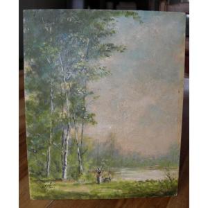 Antique Oil Painting On Wood Panel, Signed Pierre Stéfani (born 1938), Landscape With A Pond