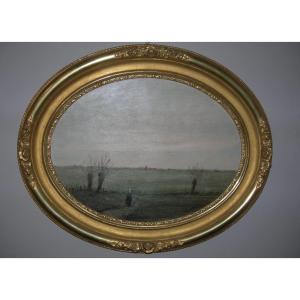 Antique Oval Oil Painting On Cardboard, Landscape, Signed Claude Gardy (born 1949), Village And River Scene, Signed Claude Gardy (born 1949)