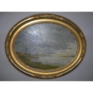 Oil Painting On Oval Canvas, Signed Pierre Stéfani, Born In 1938, Depicting The Mills Of Flanders And The Seascape.