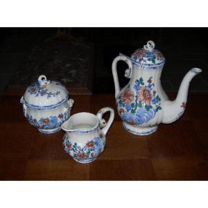 Gien Earthenware Coffee Or Tea Service Including Coffee Pot, Milk Jug And Sugar Bowl, Decorated With A Rooster And Peony