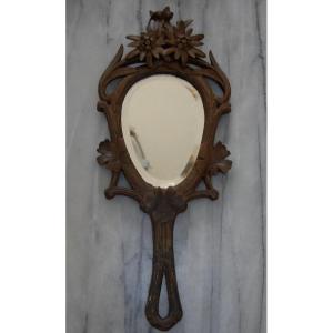 Small Bevelled Mirror Hand-carved Wood Art Nouveau Style Ice 1900 Fashion