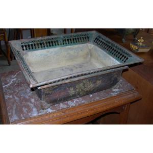 Antique Planter In Painted Sheet Metal, Late 18th Century, With Floral Decor, In The Directoire Style.