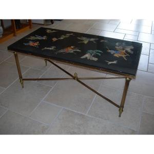 50s-60s Brass And Marble Coffee Table With Chinese Decor By Baguès Or Jansen