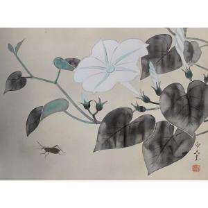 Japanese Painting On Kakejiku (hanging Scroll) Depicting A Grasshopper And Morning Glory - Japan 