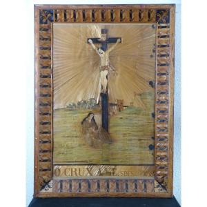 Large Straw Marquetry Table Christ On The Cross
