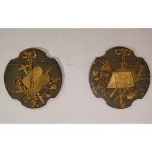 Pair Of 18th Century Religious Panels In Lacquered And Gilded Wood 51 X 50 Cm