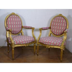Pair Of Louis XVI Golden Wood Armchairs 19th