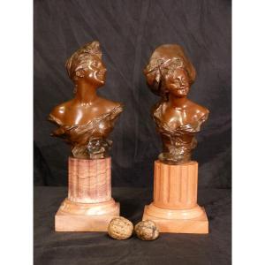 Georges Van Der Straeten, 2 Art Nouveau Bronze Busts