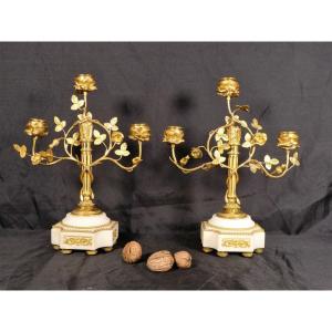 Pair Of Candelabras Louis XVI Period Gilt Bronze White Marble