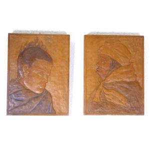 René Pottier Pair Of Carved Panels Portraits North Africa