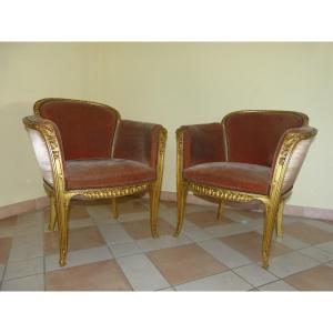 Majorelle Nancy Pair Of Golden Bergères Aubépine Art Nouveau Armchairs