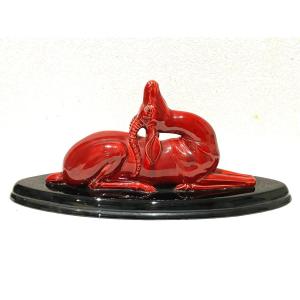 Georges Lavroff Ibex In Red Ceramic On Black Base 