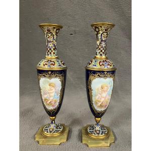 Pair Of Sèvres Porcelain And Cloisonné Enamel Vases Napoleon III Gilt Bronze Putti Decor