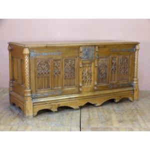 Low Gothic Sideboard With Two Doors In Oak Viollet Le Duc Period