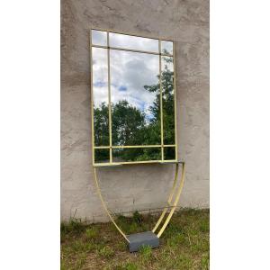 Console Avec Miroir Moderniste En Métal Et Verre époque XXème Siècle