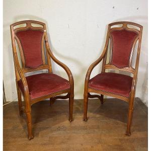 Pair Of Art Nouveau Armchairs From The Nancy School In Majorelle Gallé Ash