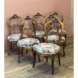 Série De 6 Chaises En Noyer Blason Armoiries Famille De Hody  époque 19eme