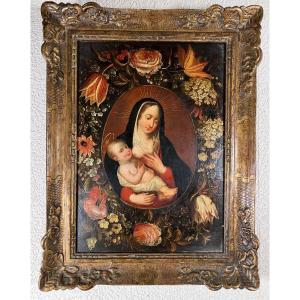 Vierge à L’enfant Dans Une Guirlande De Fleurs école Anvers 17 Eme