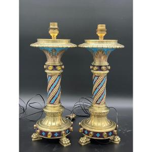 Pair Of Neo-gothic Lamps By Chertier Goldsmith In Paris Enamel Bronze And Cabochons