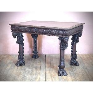 Louis 13 Style Mid Century Table, Carved Walnut Wood Ram's Head