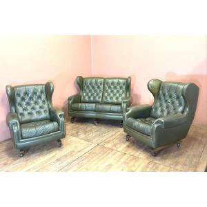 Jean Prévost Leather Living Room Sofa + 2 Armchairs English Style Adjustable 70s Chesterfield