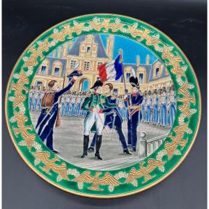 Large Longwy Enamel Dish Napoleon By Chevalier After Vernet Farewells From Fontainebleau