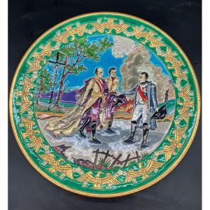 Large Longwy Enamel Dish Napoleon And The Emperor Of Austria After The Battle Of Austerlitz 