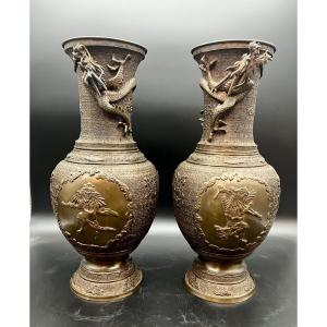 Pair Of Large Indochinese Bronze Vases With Fantastic Animals Dragons