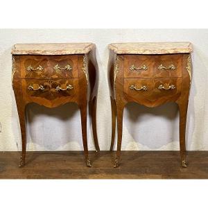 Pair Of Louis XV Marquetry Commodines Marble Tops Large Rosewood Flower Bedside Tables