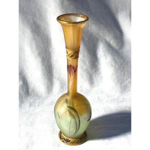 Daum Beautiful Small Tulip Vase Opalescent Glass Engraved Frosted Enameled And Enhanced With Gold 