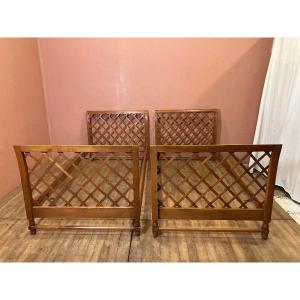 Paire De Lits En Merisier Sommier 190 X 90 Cm Circa 1950 Années 50 Croisillons