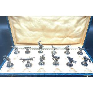 Box Of 12 Silver Metal Animal Menu Holders 