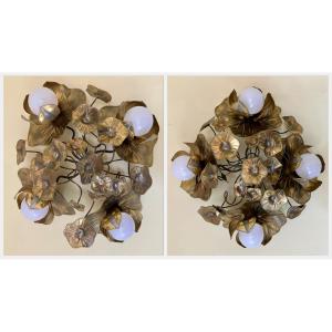 Maison Jansen Pair Of 4-light Flower Ceiling Or Wall Lights Foliage Chandeliers Brass 