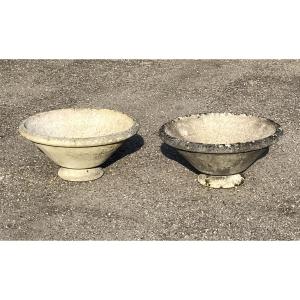 Pair Of Reconstituted Stone Garden Basins, Diameter 64 Cm, From The Grandon Brand