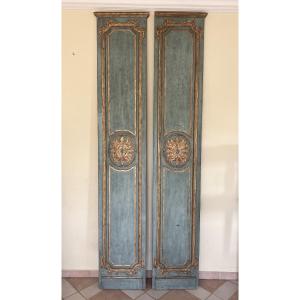Pair Of Architectural Pilasters In Lacquered And Gilded Wood, 19th Century Louis XVI