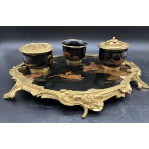 Inkwell Desk Set In Lacquer And Gilt Bronze, Japan, 19th Century