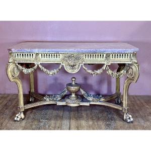 Important Game Table In Gilded Wood 152 Cm Marble Top Louis XVI Style 19th Century 