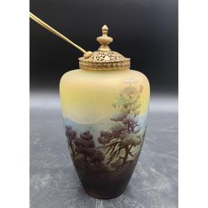 Gallé, Art Nouveau Night Light With Vosges Landscape In Acid-etched Multi-layer Glass 