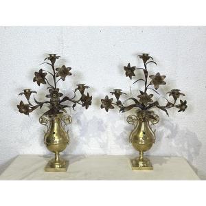 Pair Of Bronze And Brass Church Candelabras, Fleurs De Lys, 4-light Candlesticks 