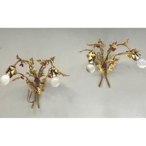Pair Of Art Nouveau Holly Bouquet Wall Lights In Gilded Bronze