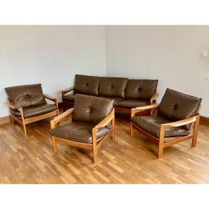 Scandinavian Teak Living Room With Leather Cushions, 3 Armchairs And 1 Three-seater Sofa, Denmark