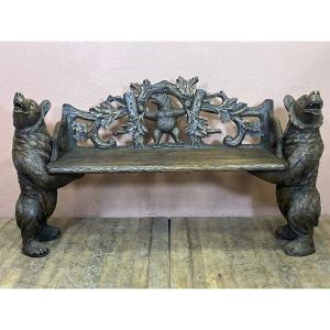 Brienz Black Forest Bear Bench With Swiss Bear Cub, Early 20th Century, Glass Eyes