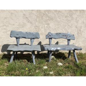 Pair Of Brutalist Painted Wooden Garden Benches