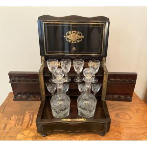 Small Napoleon III Liqueur And Cigar Cellar In Blackened Wood And Cut Crystal