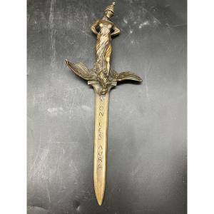 Eugène Lelièvre Patriotic Paper Cutter Dagger Alsace We Will Have Them Bronze Art Nouveau Alsatian