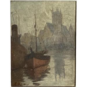 René Printemps Port Of Fecamp Oil On Panel Normandy 