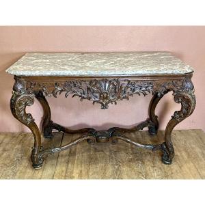 Important Carved Oak Console With Marble Top, 139 Cm, 19th Century Regency Style