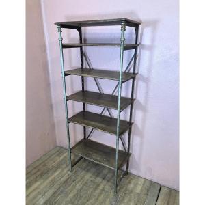 Théodore Scherf Paris Metal And Wood Shop Shelf, 65 Cm Wide, 1920s Trade Furniture