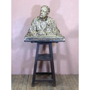 Patinated Plaster Bust Of A Writer On His Sculptor's Stand. Signed Marie Anne Lafaurie, 1906.