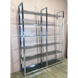 Italian Design Shelf From The 1970s In Chromed Metal And Smoked Glass, Bookcase